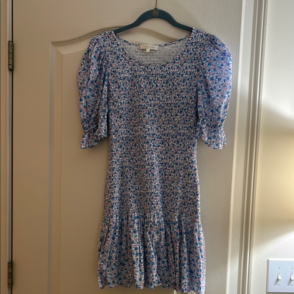 LoveShackFancy Blue and White Tiered Puff Sleeve Sundress